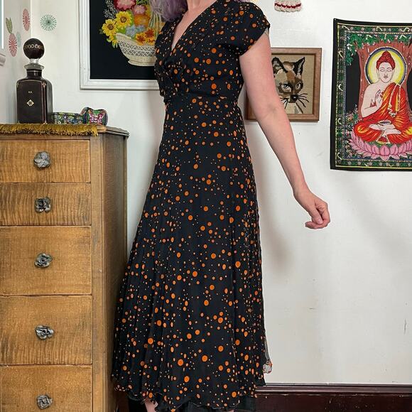 Vintage Black & Orange Polka Dot Dress, 1970s Flocked Crinkle Chiffon, Sz M - Picture 8 of 10